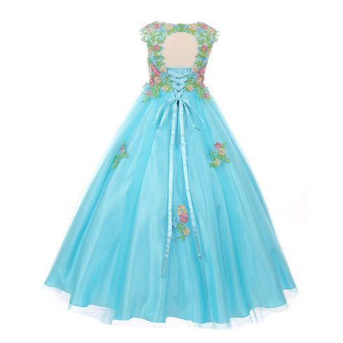 Little Girls Aqua Pink Floral Embroidered Lace Tulle Flower Girl Dress 4-6 - SophiasStyle.com